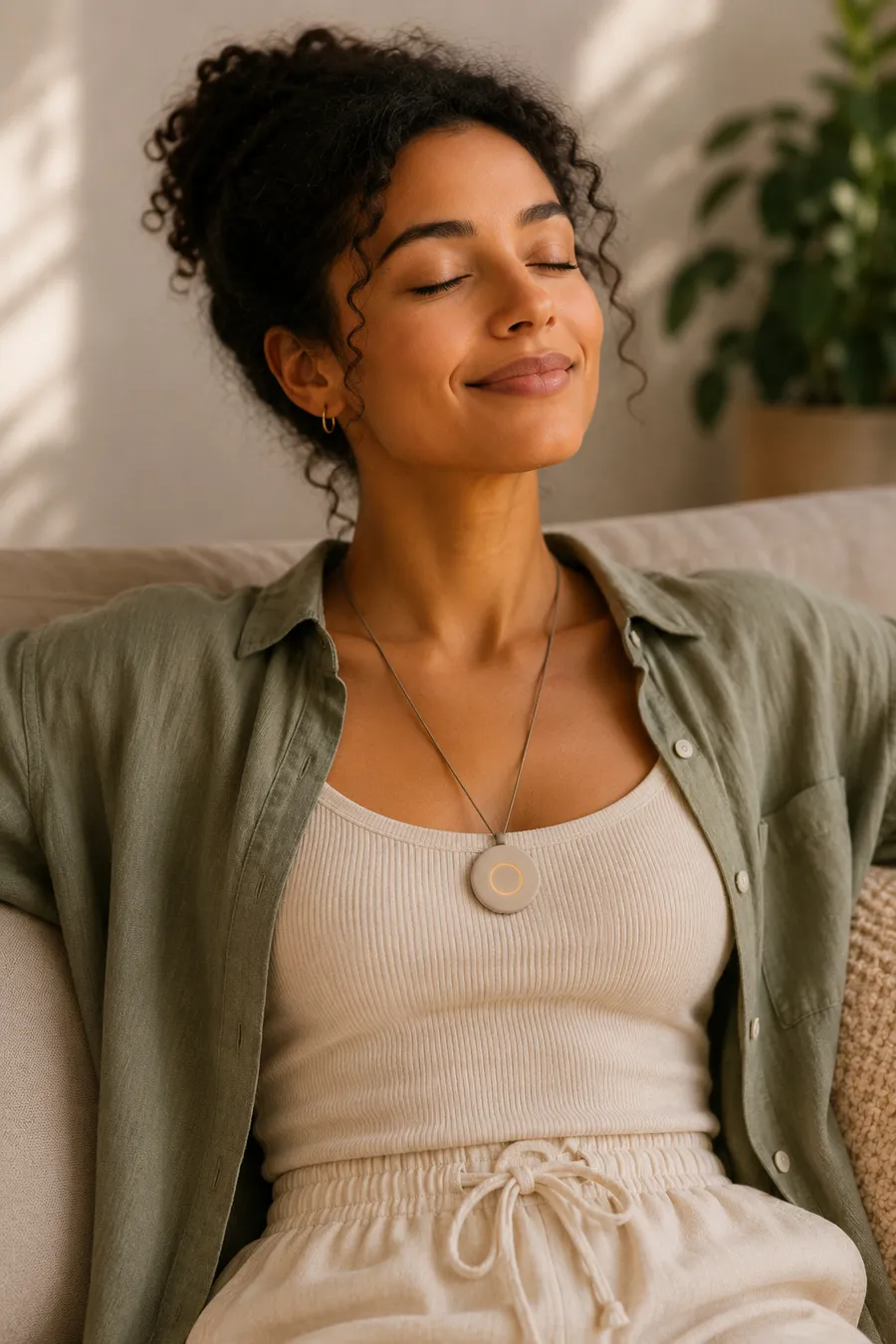 Woman sitting calmly on a sofa holding the Pranōa pendant