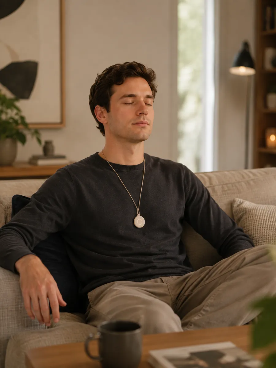 Man sitting back with closed eyes, wearing the Pranōa pendant