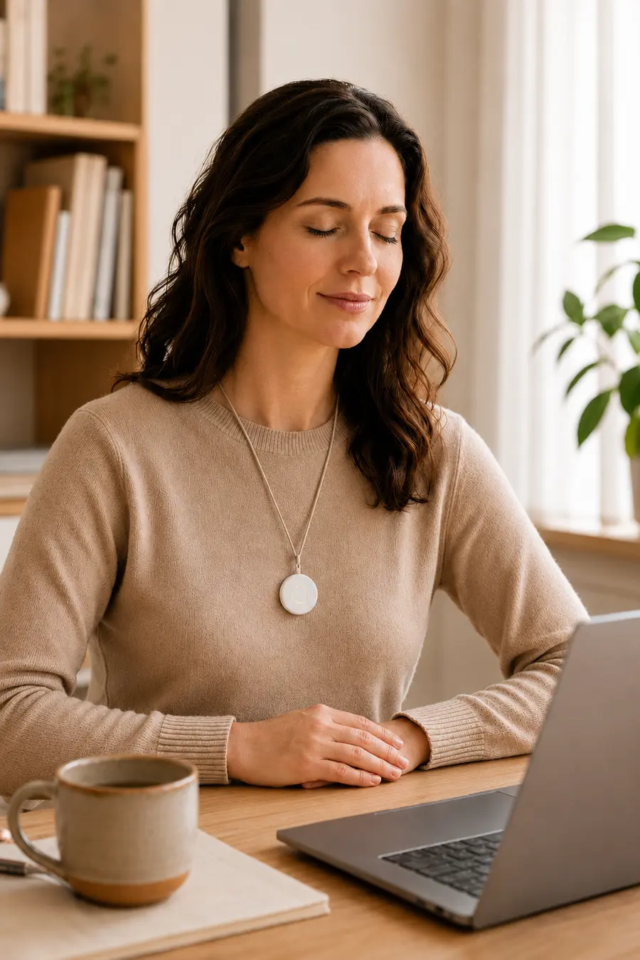 Woman at her desk with closed eyes, breathing calmly with the Pranōa pendant